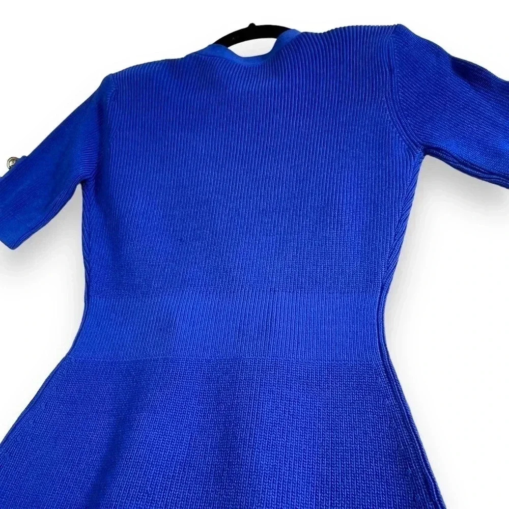Vanity Couture Marishka Deep V Button Up Knit Dress Royal Blue Gold Buttons - Picture 8 of 14